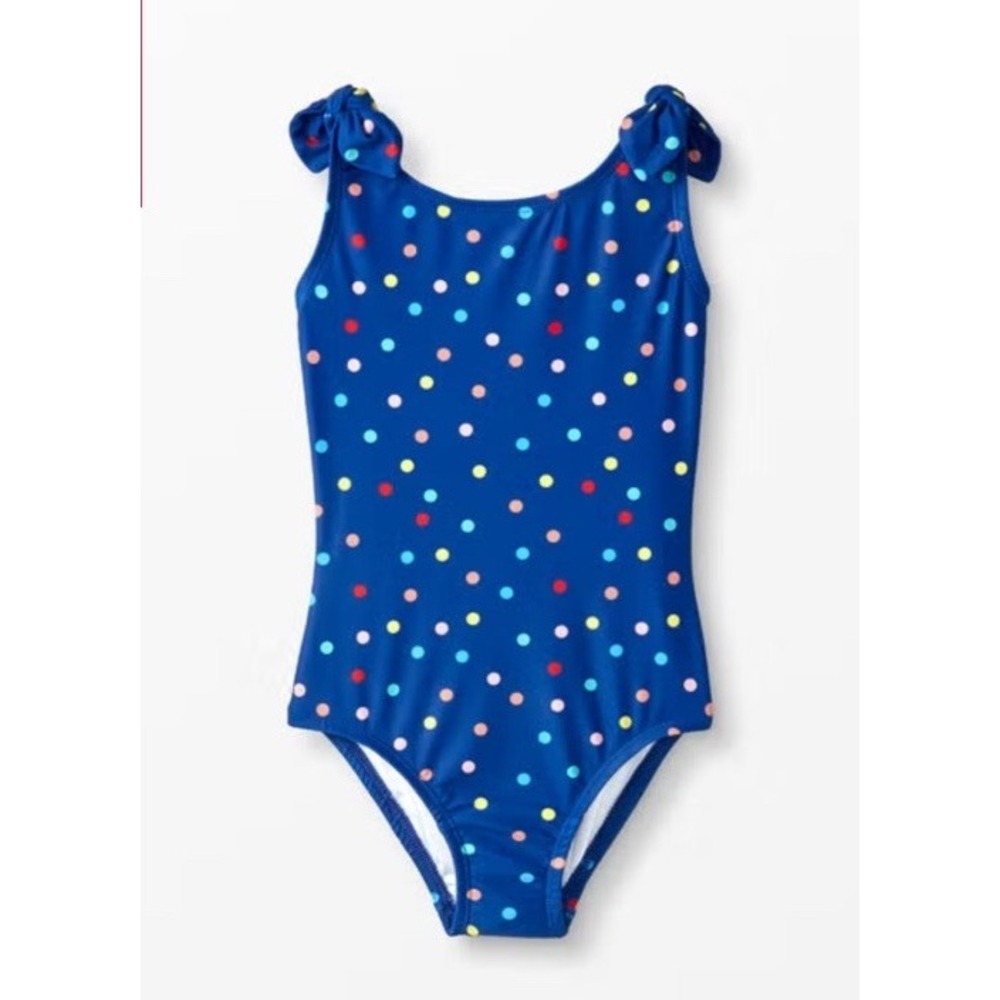 Hanna Andersson Swimsuit Blue/Multicolor Polka Dots/Bow Girls 140cm Sz 10